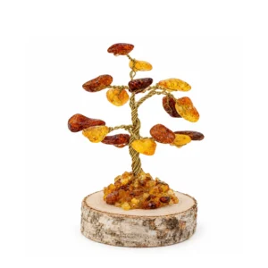 Bernstein Glücksbaum mit 16 Bernsteinstücken in Cognac und Gelb auf einem Holzsockel; eleganter Baum aus Bernsteinstücken