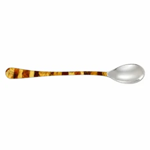 Eislöffel mit Bernsteinmosaik aus Edelstahl in Silber und natürlichen Bernsteintönen; ein eleganter Dessertlöffel mit Bernstein; Bernstein Accessoire für Damen und Herren