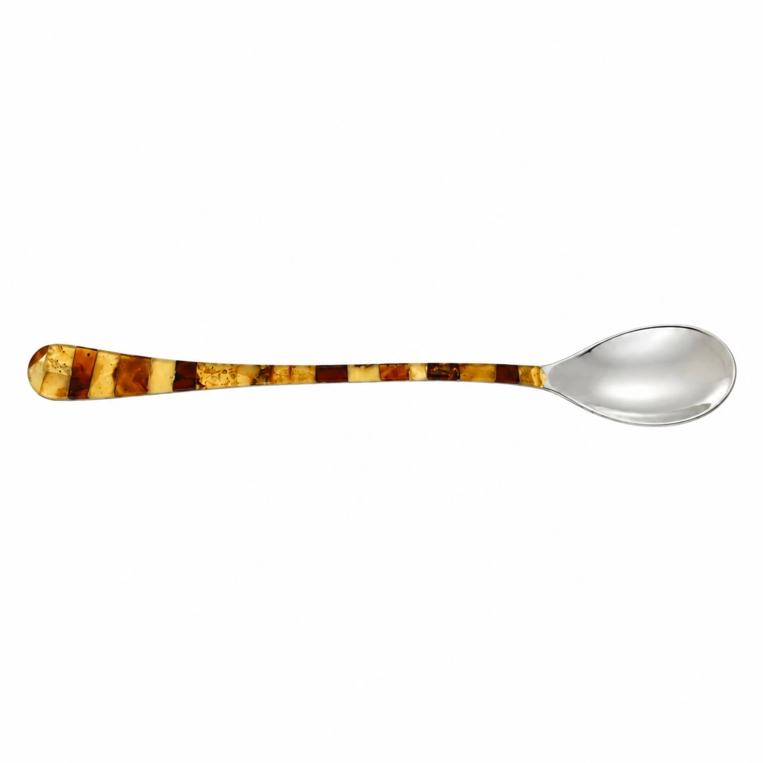 eisloeffel-mit-bernstein Eislöffel mit Bernsteinmosaik aus Edelstahl in Silber und natürlichen Bernsteintönen; ein eleganter Dessertlöffel mit Bernstein; Bernstein Accessoire für Damen und Herren