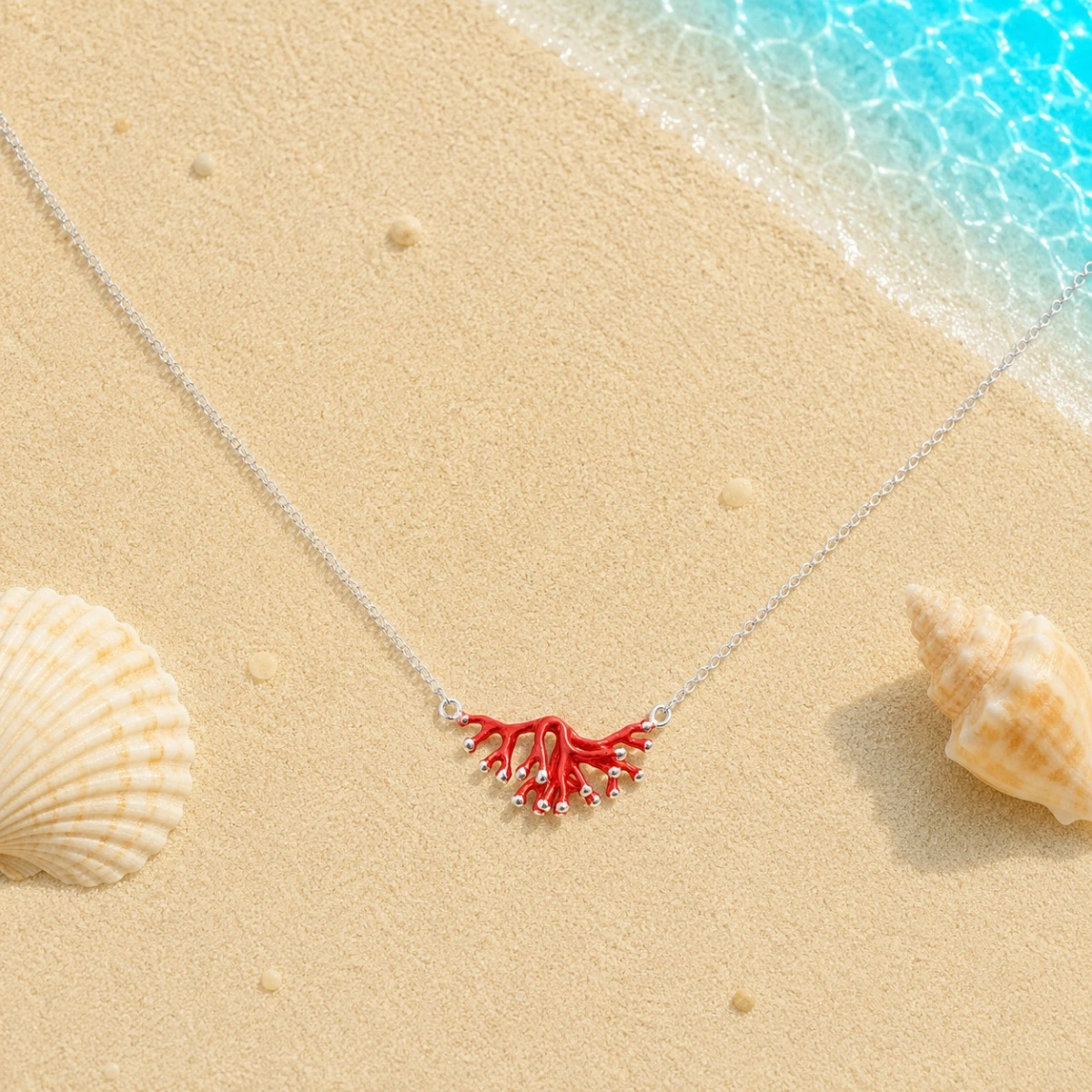 halskette-silber-925-koralle-rot-meer Maritime Halskette Silber 925 „Koralle“ rot mit einem detailreichen Anhänger in Form von roten Korallenästen und silbernen Spitzen; Maritimer Schmuck; Rote Korallen Silber Kette