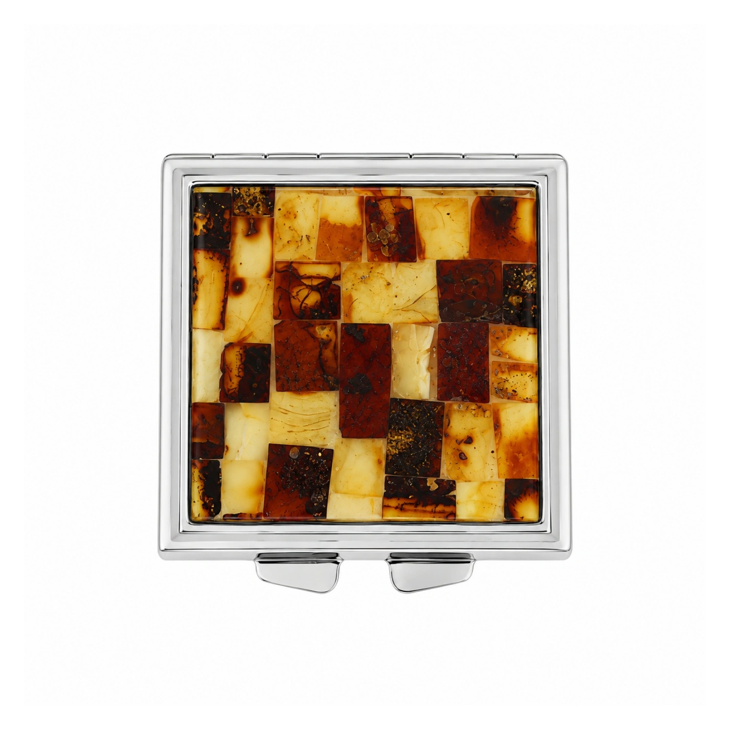 quadratischer-taschenspiegel-mit-bernsteinmosaik Quadratischer Taschenspiegel mit Bernsteinmosaik aus Edelstahl in Braun, Cognac und Gelb