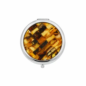 Runder Taschenspiegel mit mehrfarbigem Bernsteinmosaik und Edelstahlrahmen; eleganter Handspiegel mit Bernsteinmosaik; praktischer Kosmetikspiegel für unterwegs mit Bernstein