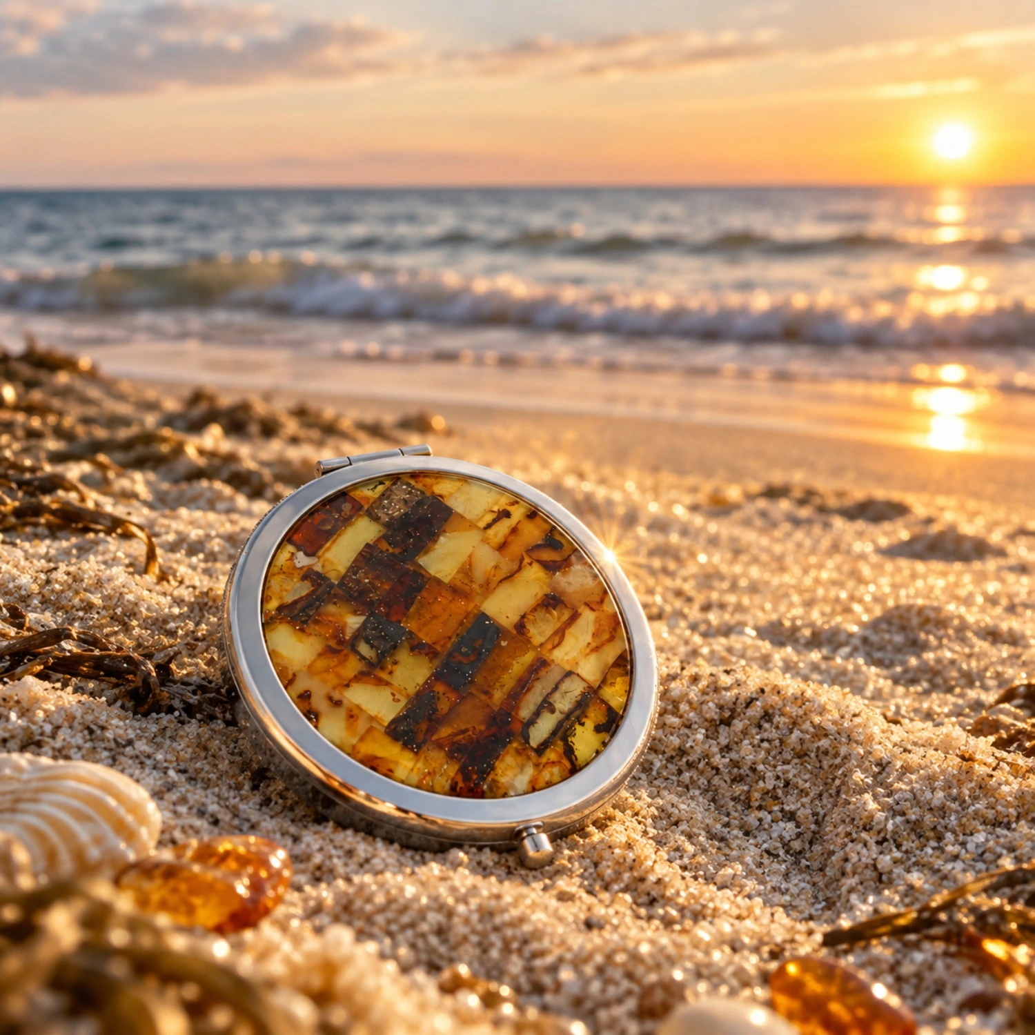 taschenspiegel-mit-bernsteinmosaik-rund-meer Runder Taschenspiegel mit mehrfarbigem Bernsteinmosaik und Edelstahlrahmen; eleganter Handspiegel mit Bernsteinmosaik; praktischer Kosmetikspiegel für unterwegs mit Bernstein