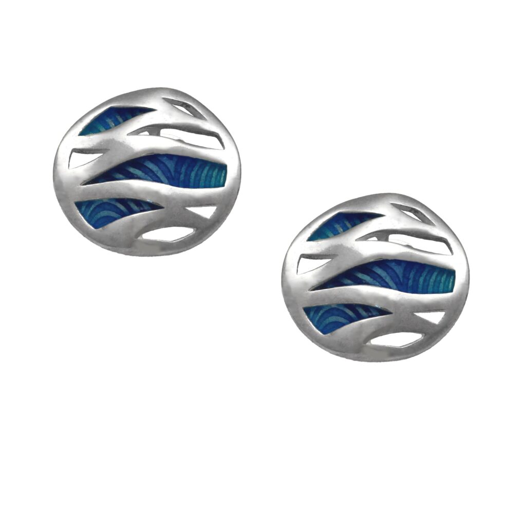 Ohrstecker Silber 925 „Meereswellen“ rundes Design mit händisch aufgetragener blauer Emaille, Sterling Silber poliert.