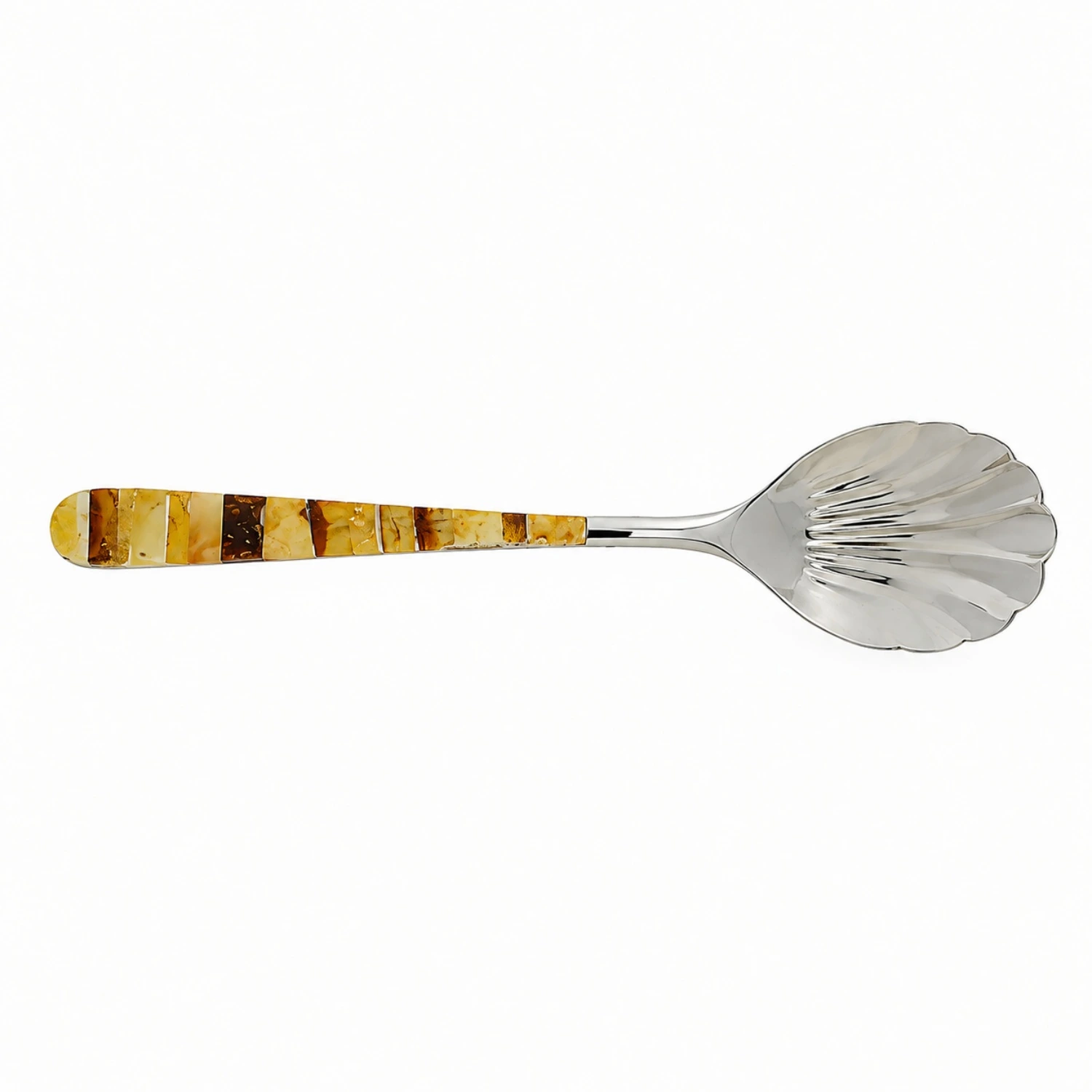 zuckerloeffel-mit-bernsteinmosaik Zuckerlöffel mit Bernsteinmosaik aus Edelstahl mit silberfarbenem Löffel und mehrfarbigem Mosaikgriff; elegantes Bernstein Besteck