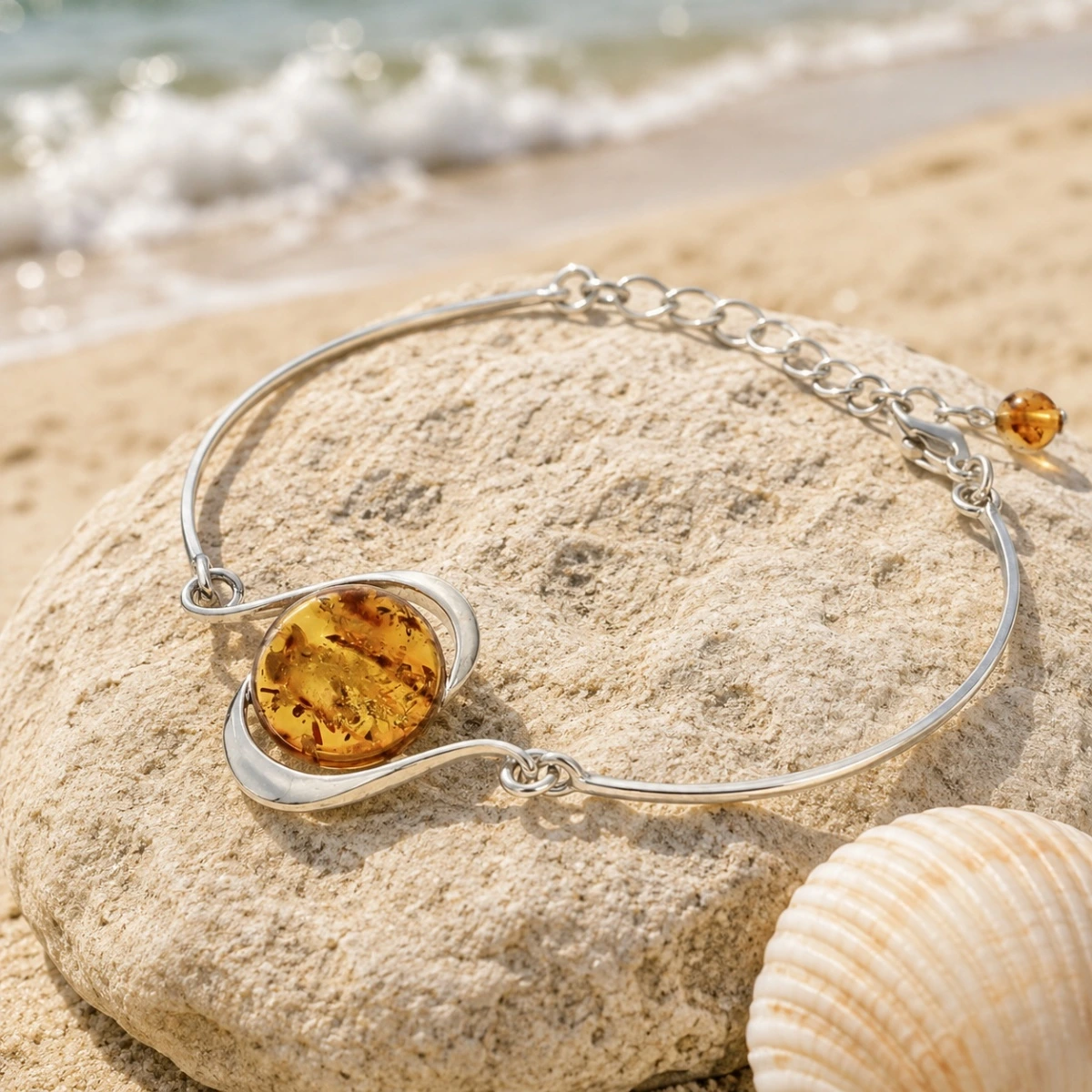 armband-silber-925-bernstein-rund-moderne-welle-meer Rhodiniertes Armband Silber 925 mit rundem Bernstein im Moderne Welle Design; Ostsee Schmuck