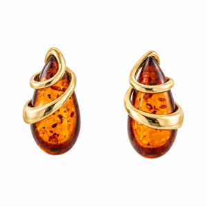 Ohrstecker Gold 375 Bernstein Meeresträne, goldene Tropfenohrstecker mit cognacfarbenem Bernstein.