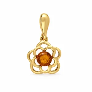Eleganter Anhänger Gold 375 Bernstein Sommerblumen mit rundem Bernstein in goldener Blütenfassung; Goldanhänger Blume mit Bernstein
