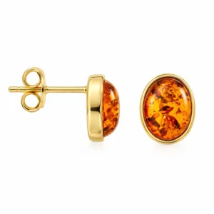 Bernstein Ohrstecker Gold Cognac - goldene Ohrringe mit ovalem Bernstein in der Farbe Cognac