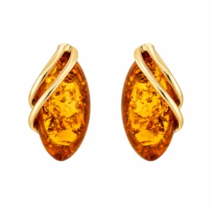 Bernstein Ohrstecker 375 Gold in Wellenform mit elliptischem Bernstein in Cognac