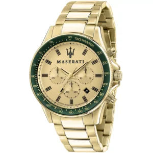 Goldene Maserati Sfida Herrenuhr mit grünem Tachymeter und Chronographen-Anzeige, 44mm