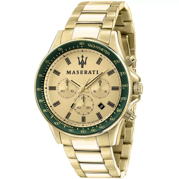 Goldene Maserati Sfida Herrenuhr mit grünem Tachymeter und Chronographen-Anzeige, 44mm