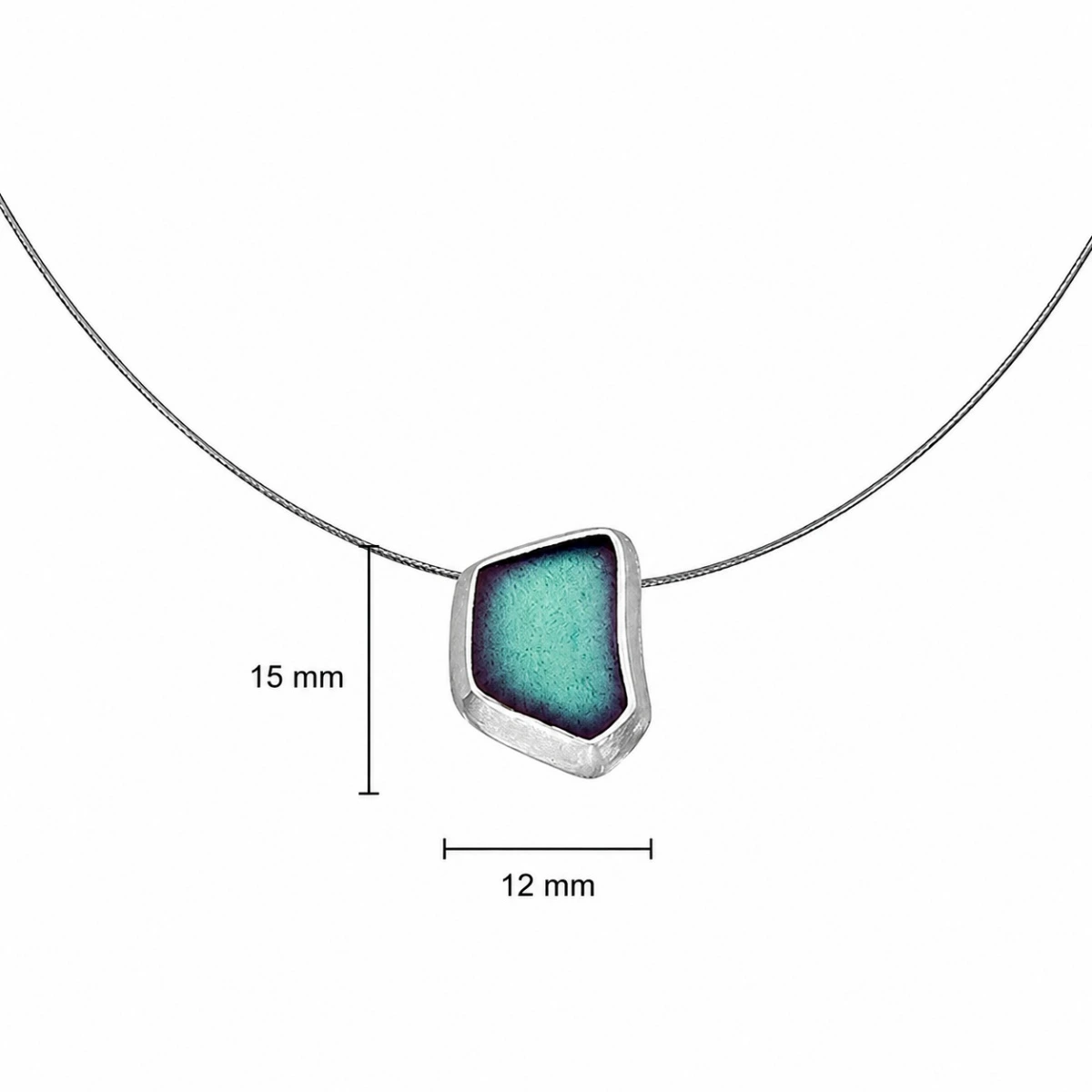 halskette-silber-925-meerglas-meeresfarbe-lineal Halskette Silber 925 mit Meerglas Meeresfarbe, emaillierter Anhänger mit türkise-blauem Strandglas an grauem Edelstahlseil; Halsreif mit Meerglas Anhänger; Silberkette mit Seeglas Anhänger