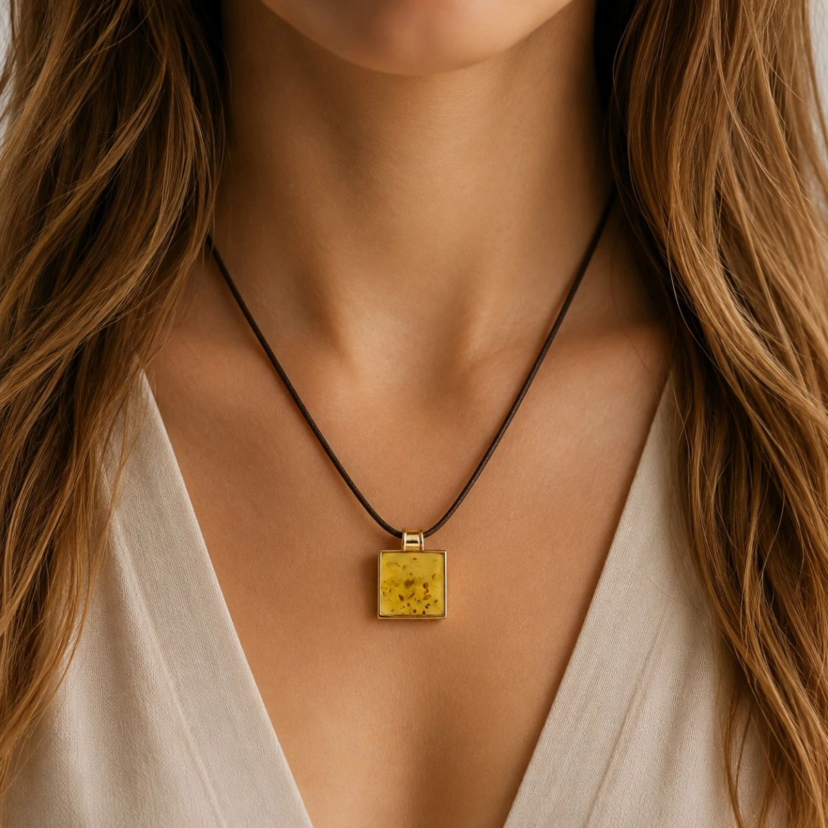 anhaenger-silber-925-vergoldet-bernstein-viereck-dekollete Anhänger Silber 925 24k vergoldet Bernstein Viereck Cognac Rose Gold; Bernstein Anhänger für Damen