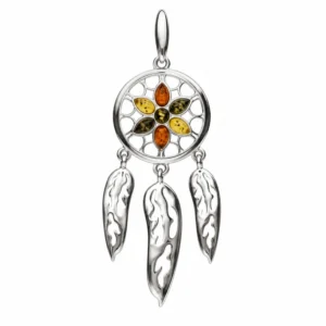 Anhänger Silber 925 Bernstein Traumfänger Cognac Gelb Grün - eleganter Dreamcatcher Schmuck für Damen; Schmuck mit Ostseebernstein