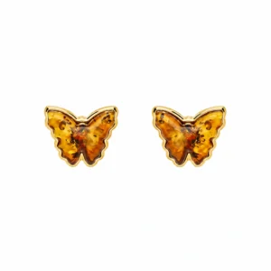 Ohrstecker Silber 925 vergoldet Bernstein Schmetterling mit Bernstein Flügeln in Cognac