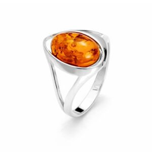 Ring Silber Bernstein Pur - eleganter Silberring mit cognacfarbenem Bernstein in gewellter Fassung aus 925er Silber.