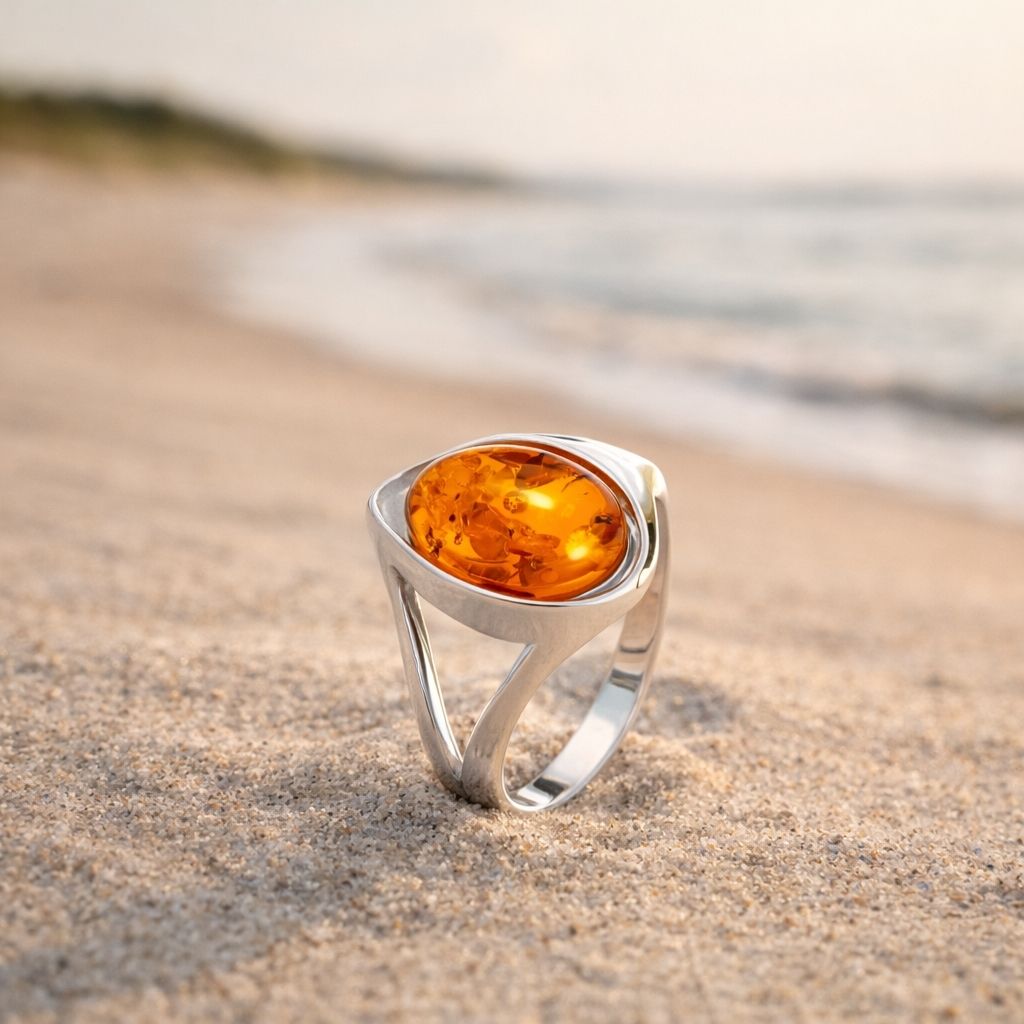 ring-silber-925-rhodiniert-bernstein-pur-10 Ring Silber Bernstein Pur - eleganter Silberring mit cognacfarbenem Bernstein in gewellter Fassung aus 925er Silber.