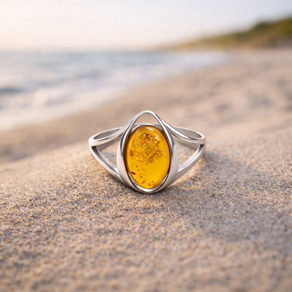 ring-silber-925-rhodiniert-bernstein-pur-11 Ring Silber Bernstein Pur - eleganter Silberring mit cognacfarbenem Bernstein in gewellter Fassung aus 925er Silber.