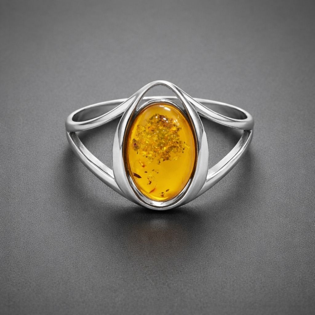 ring-silber-925-rhodiniert-bernstein-pur-13 Ring Silber Bernstein Pur - eleganter Silberring mit cognacfarbenem Bernstein in gewellter Fassung aus 925er Silber.