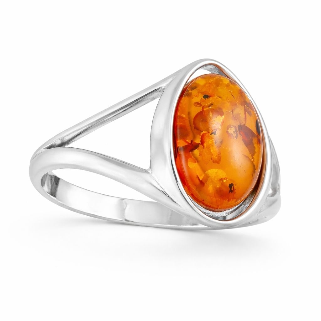 ring-silber-925-rhodiniert-bernstein-pur-3 Ring Silber Bernstein Pur - eleganter Silberring mit cognacfarbenem Bernstein in gewellter Fassung aus 925er Silber.