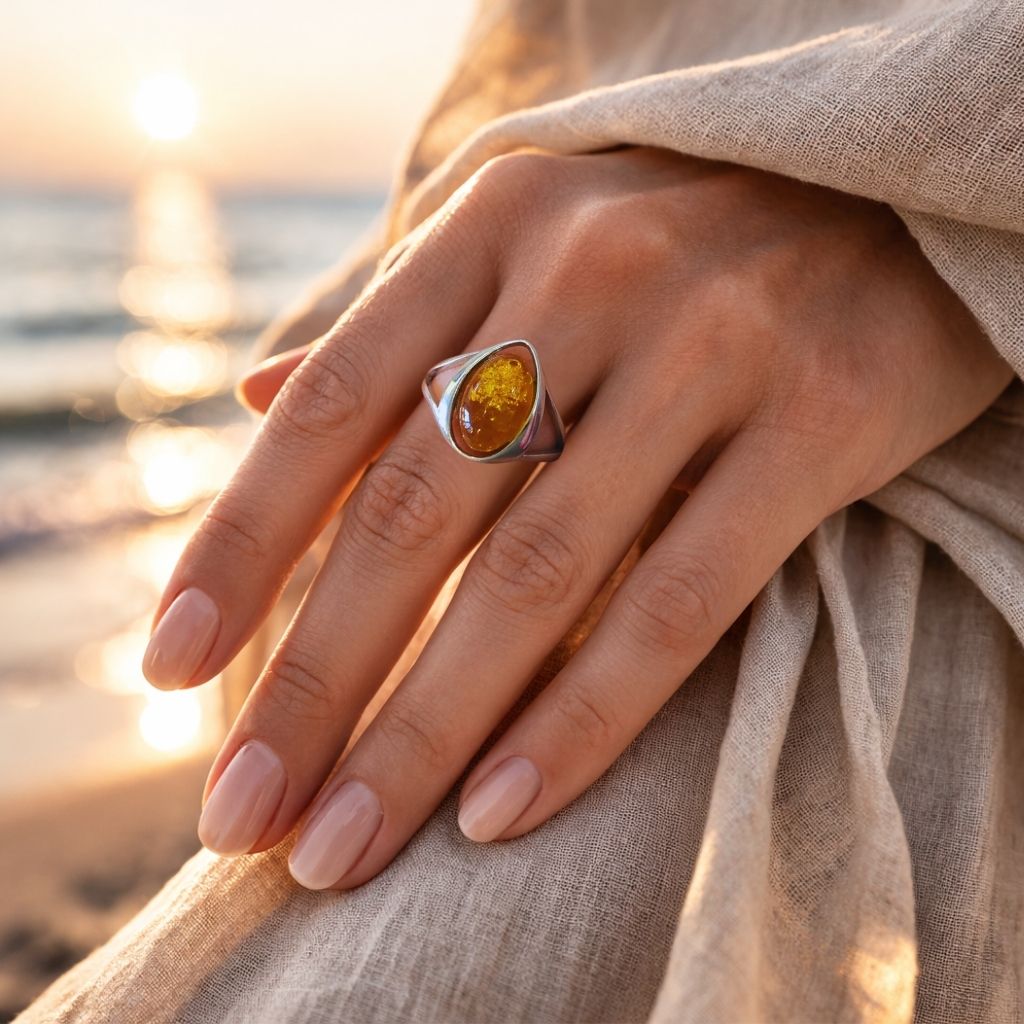 ring-silber-925-rhodiniert-bernstein-pur-8 Ring Silber Bernstein Pur - eleganter Silberring mit cognacfarbenem Bernstein in gewellter Fassung aus 925er Silber.