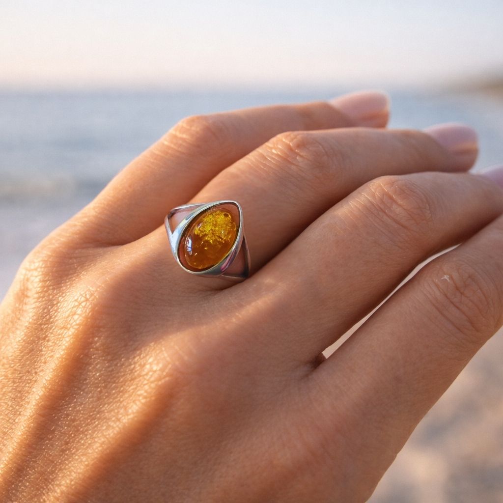 ring-silber-925-rhodiniert-bernstein-pur-9 Ring Silber Bernstein Pur - eleganter Silberring mit cognacfarbenem Bernstein in gewellter Fassung aus 925er Silber.