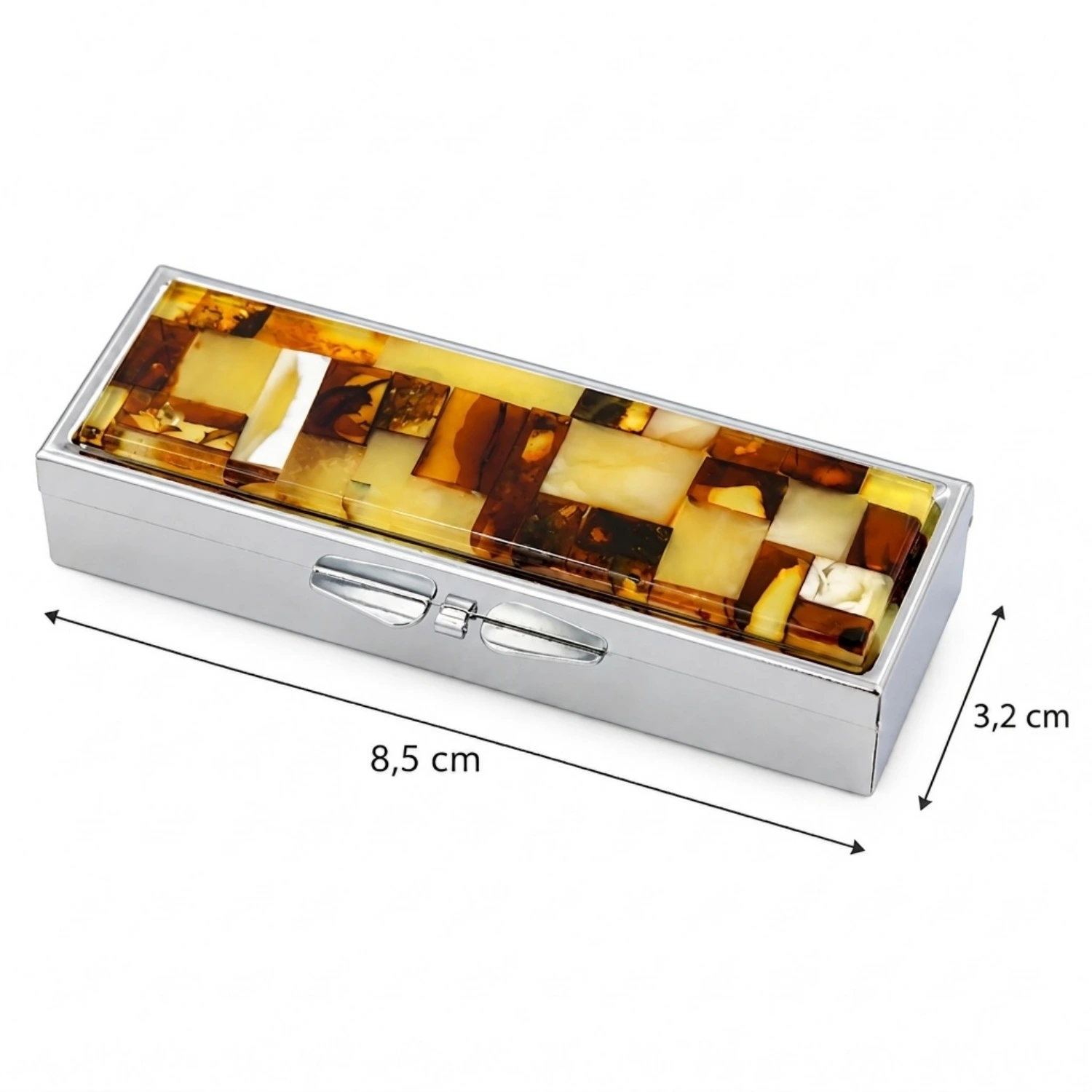 pillendose-mit-bernsteinmosaik-6-faecher-lineal Pillendose mit Bernsteinmosaik - 6 Fächer aus Edelstahl; klassische Pillenbox mit Bernsteinmosaik; praktisches Bernstein Accessoire für Damen und Herren
