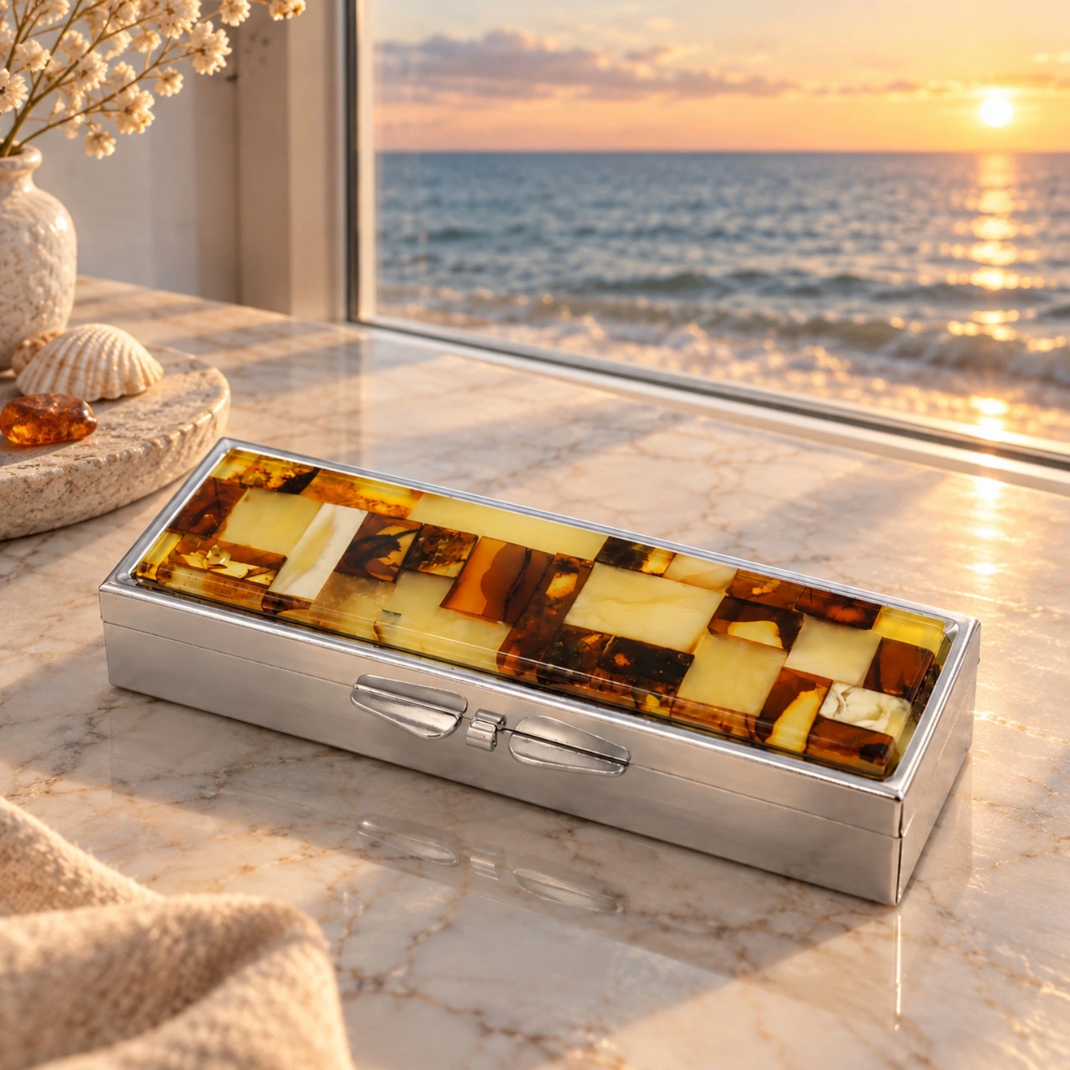 pillendose-mit-bernsteinmosaik-6-faecher-meer Pillendose mit Bernsteinmosaik - 6 Fächer aus Edelstahl; klassische Pillenbox mit Bernsteinmosaik; praktisches Bernstein Accessoire für Damen und Herren