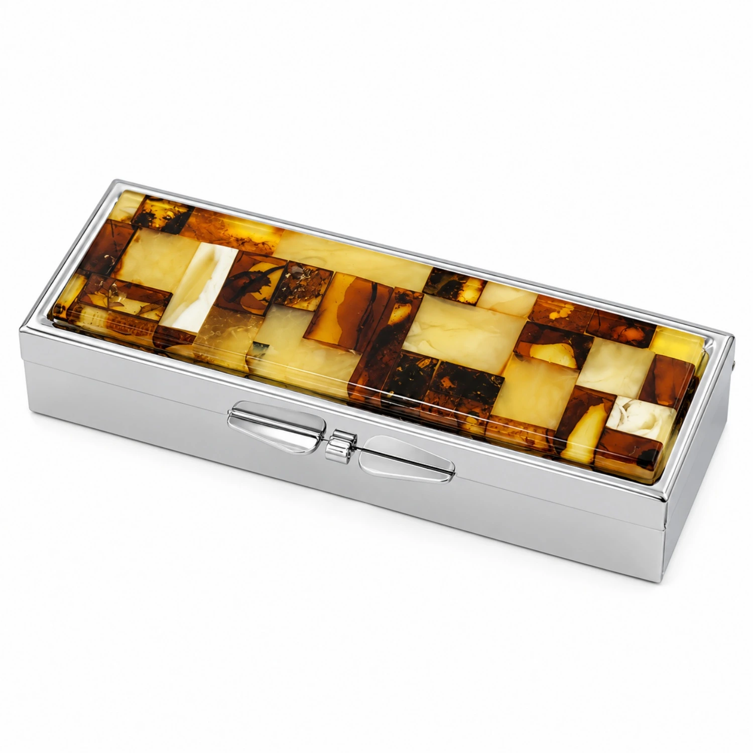 pillendose-mit-bernsteinmosaik-6-faecher Pillendose mit Bernsteinmosaik - 6 Fächer aus Edelstahl; klassische Pillenbox mit Bernsteinmosaik; praktisches Bernstein Accessoire für Damen und Herren