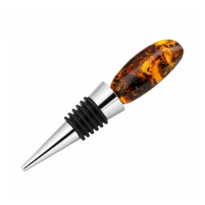 Eleganter Flaschenverschluss mit Bernstein in Cognac, silberfarbener Edelstahl mit echtem cognacfarbenem Naturbernstein; Flaschenstopfen mit Bernstein