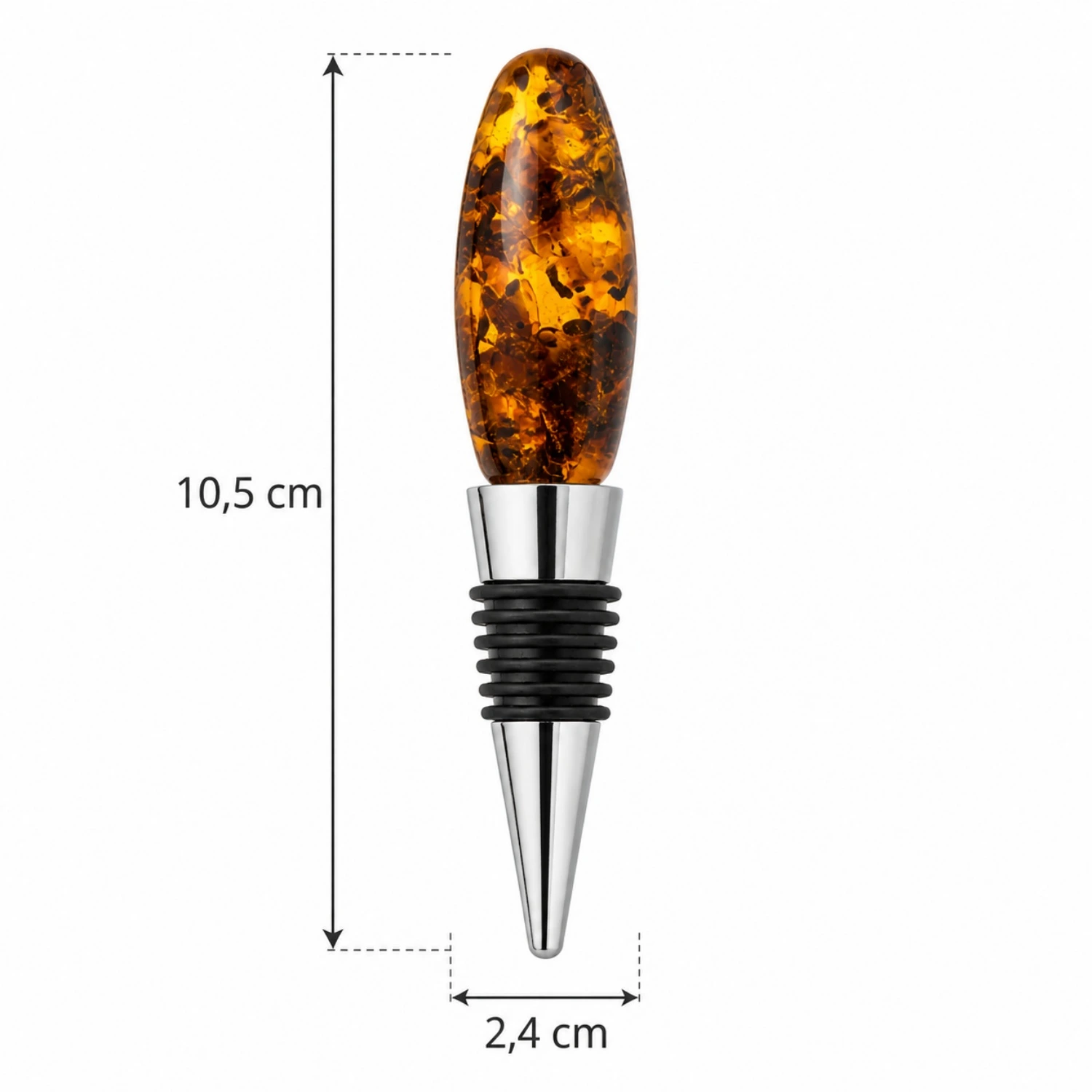 flaschenverschluss-bernstein-cognac-lineal Eleganter Flaschenverschluss mit Bernstein in Cognac, silberfarbener Edelstahl mit echtem cognacfarbenem Naturbernstein; Flaschenstopfen mit Bernstein