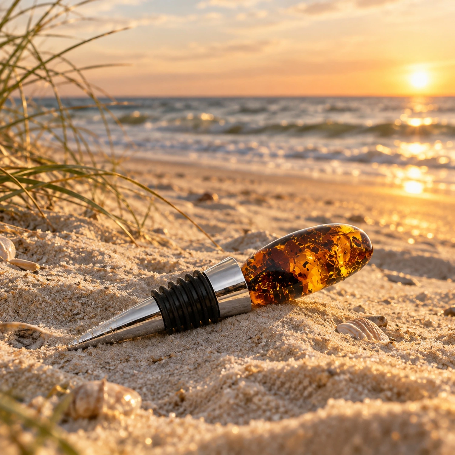 flaschenverschluss-bernstein-cognac-meer Eleganter Flaschenverschluss mit Bernstein in Cognac, silberfarbener Edelstahl mit echtem cognacfarbenem Naturbernstein; Flaschenstopfen mit Bernstein