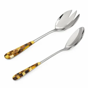 Salatlöffel-Set mit Bernsteinmosaik aus Edelstahl, zwei silberfarbene Salatlöffel mit mehrfarbigen Bernsteindetails; Salatbesteck mit Bernsteinmosaik