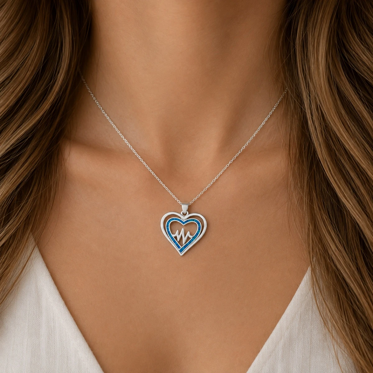 anhaenger-silber-925-opalit-herz-dekollete Anhänger Silber 925 Herzschlag mit blauem synthetischem Opalit; Herzanhänger mit Herzschlag und mit EKG-Kurve
