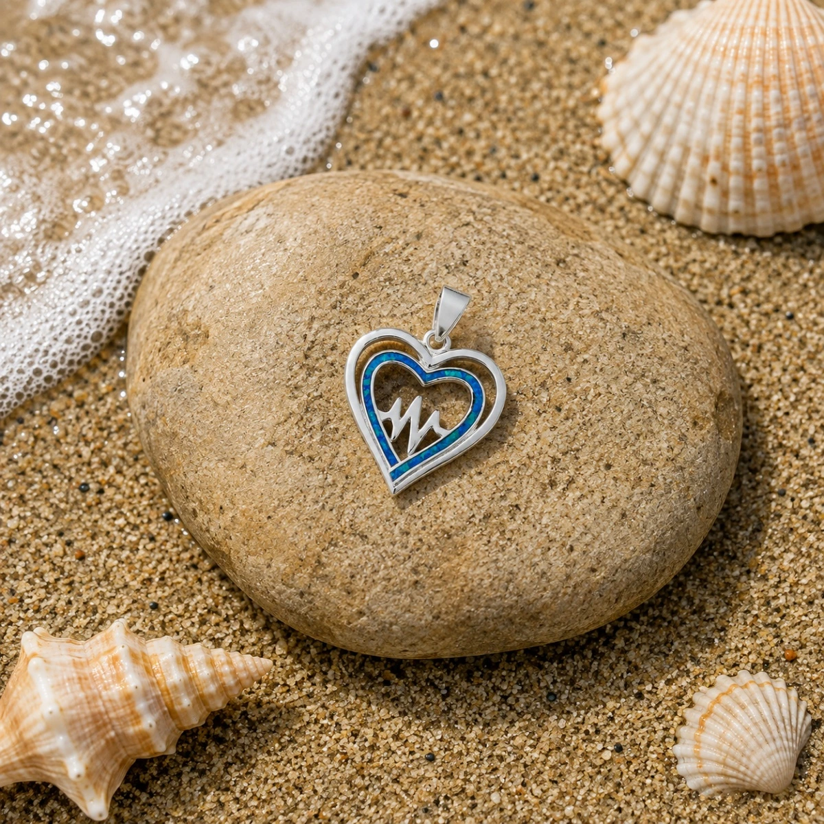 anhaenger-silber-925-opalit-herz-meer Anhänger Silber 925 Herzschlag mit blauem synthetischem Opalit; Herzanhänger mit Herzschlag und mit EKG-Kurve