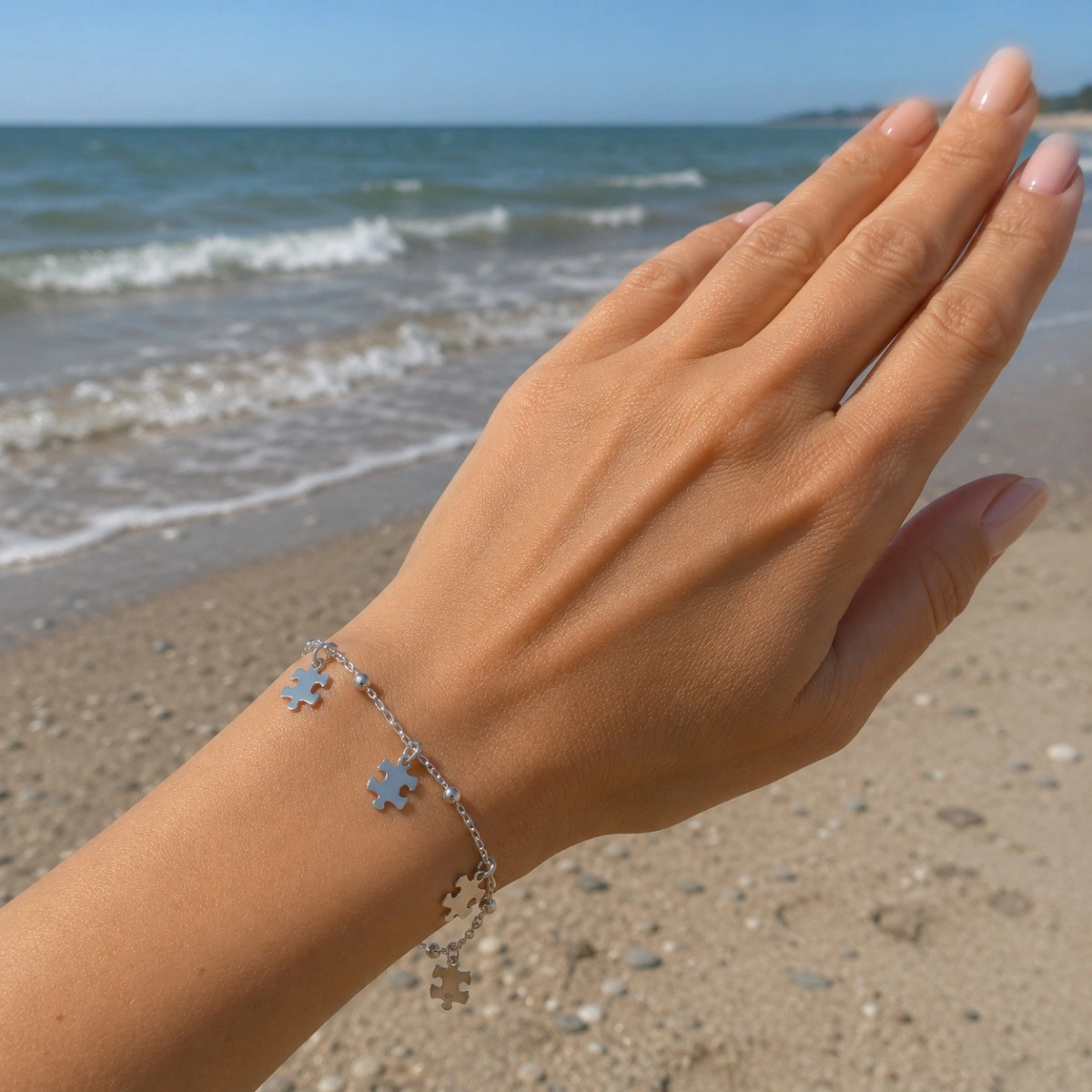 armband-silber-925-puzzle-hand Rhodiniertes Damen Armband Silber 925 mit Puzzle Anhänger