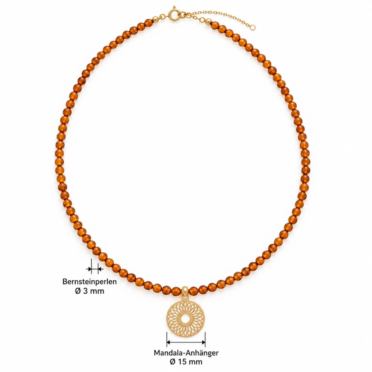 bernstein-halskette-gold-333-mandala-ruhe-lineal Elegante Halskette Gold 333 Bernstein „Ruhe“; Damenkette mit rundem Mandala-Anhänger und cognacfarbenen Bernsteinperlen