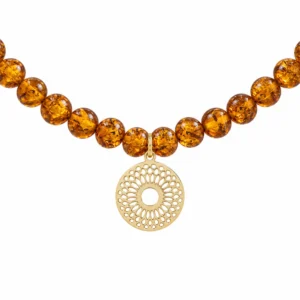 Elegante Halskette Gold 333 Bernstein „Ruhe“; Damenkette mit rundem Mandala-Anhänger und cognacfarbenen Bernsteinperlen