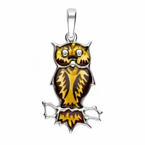 Eleganter Anhänger Silber 925 Bernstein Eule handgraviert; Vogel Anhänger mit echtem Bernstein; Bernstein Vogelschmuck