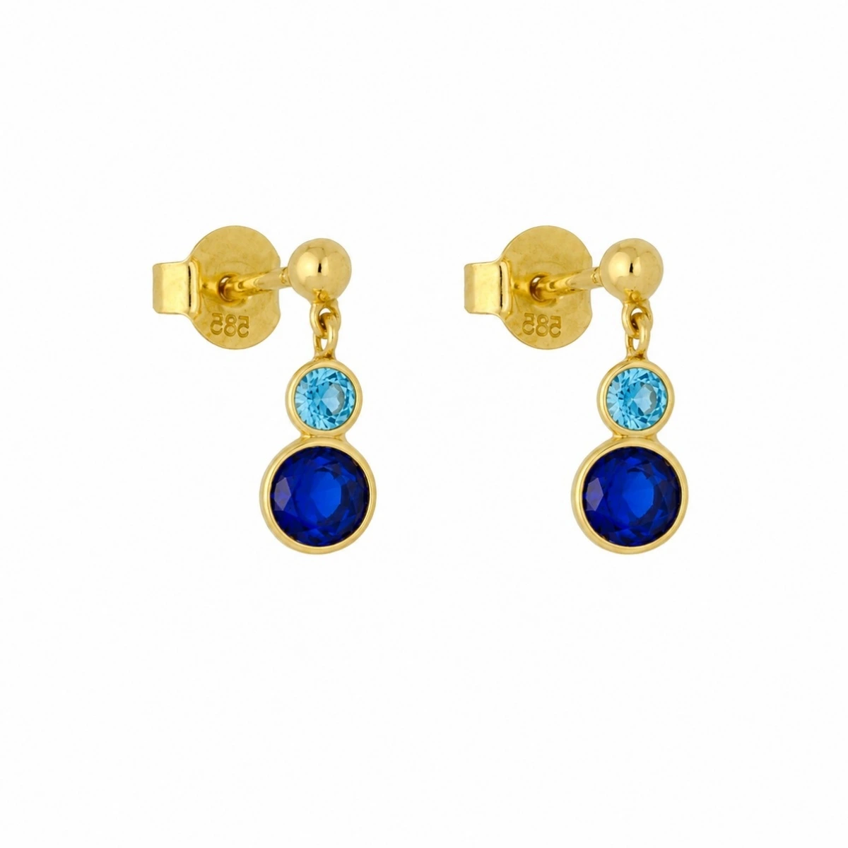 ohrstecker-gold-585-meeresduett-zirkonia Elegante Gold Ohrstecker mit zwei verschiedenfarbigen Zirkonia in Hellblau und Dunkelblau.