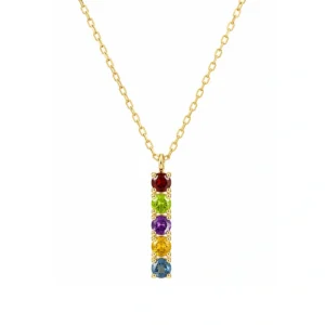 Elegante Halskette Gold 585 Multi-Edelstein Mix mit einem filigranen Anhänger besetzt mit rotem Granat, grünem Peridot, violettem Amethyst, gelbem Citrin und blauem Saphir; Goldkette mit Edelsteinen