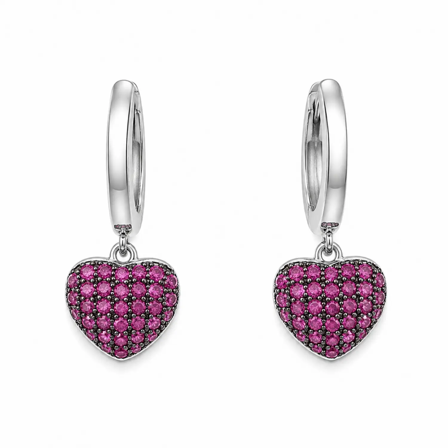 creolen-silber-925-herz-zirkonia-rosa-1 Creolen Silber 925 Zirkonia - rhodinierte Silberohrringe mit facettiertem rosa Zirkonia-Herz. Schöne Ohrringe aus Silber Herz.