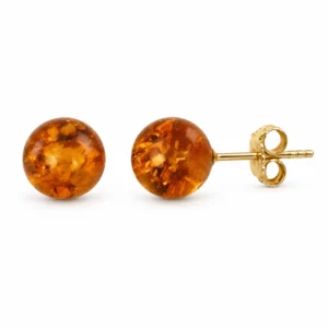 Kleine Ohrstecker Gold 375 Bernstein Sommerperlen - goldene Ohrringe mit 5mm runder Bernstein Kugel in Gold Fassung.