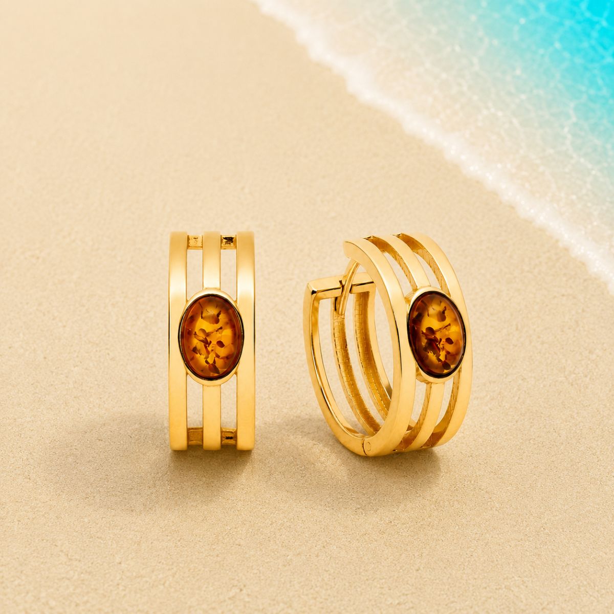 Aura heller Cognac – natürliche Leichtigkeit und warmer Bernsteinglanz Creolen Bernstein Silber 925 24ct. vergoldet Aura heller Cognac mit echtem hellem Ostseebernstein