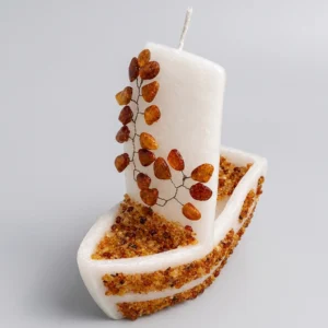 Kerze mit Bernstein - Schiff, 14 cm
