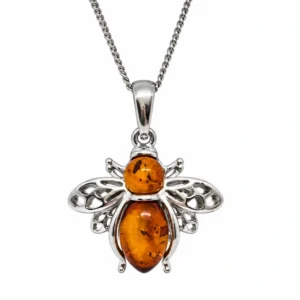Anhänger Silber 925 Bernstein Biene Cognac rhodiniert; Anhänger Biene mit silbernen Flügeln; Schmuck mit Ostseebernstein