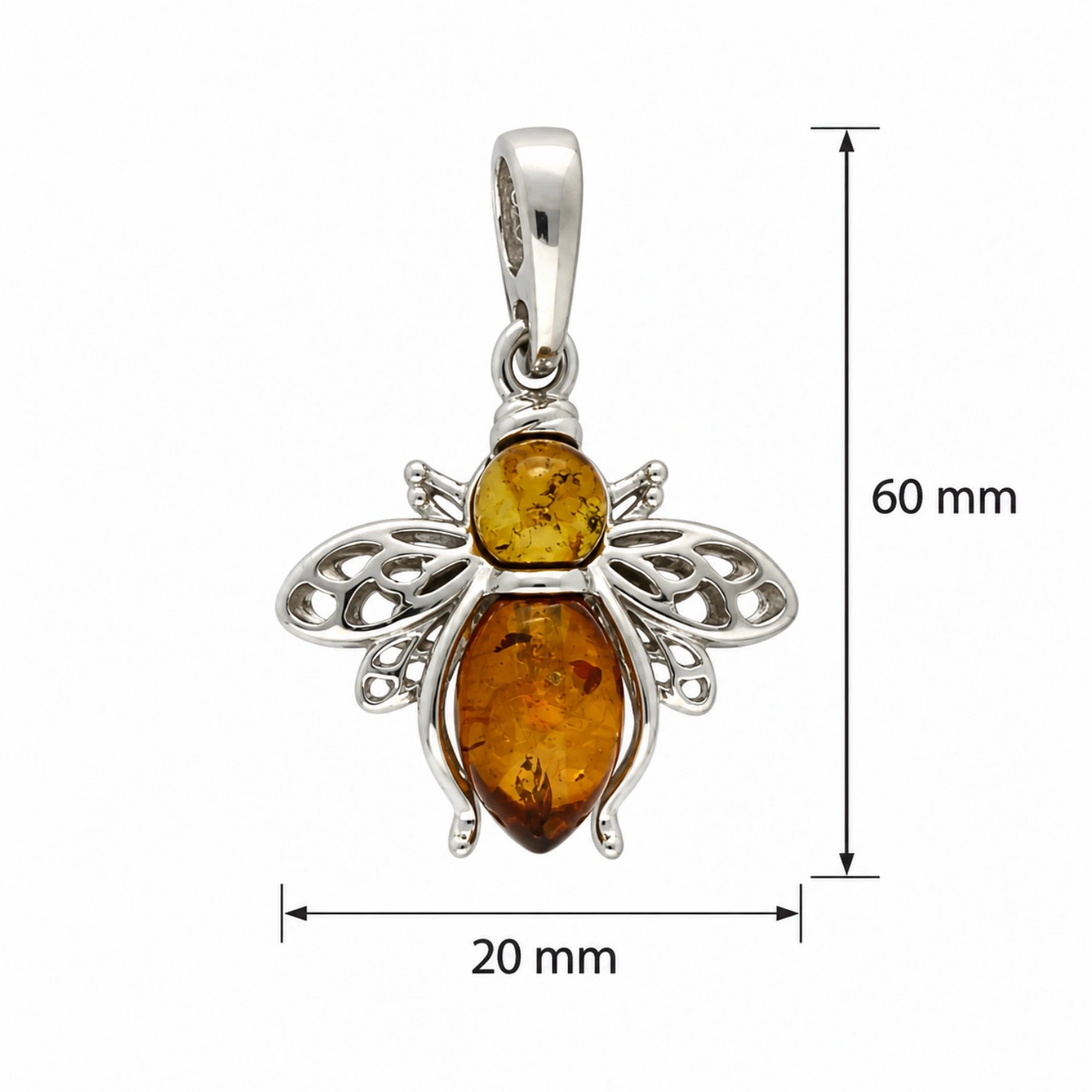 anhaenger-silber-925-biene-lineal Anhänger Silber 925 Bernstein Biene Cognac rhodiniert; Anhänger Biene mit silbernen Flügeln; Schmuck mit Ostseebernstein