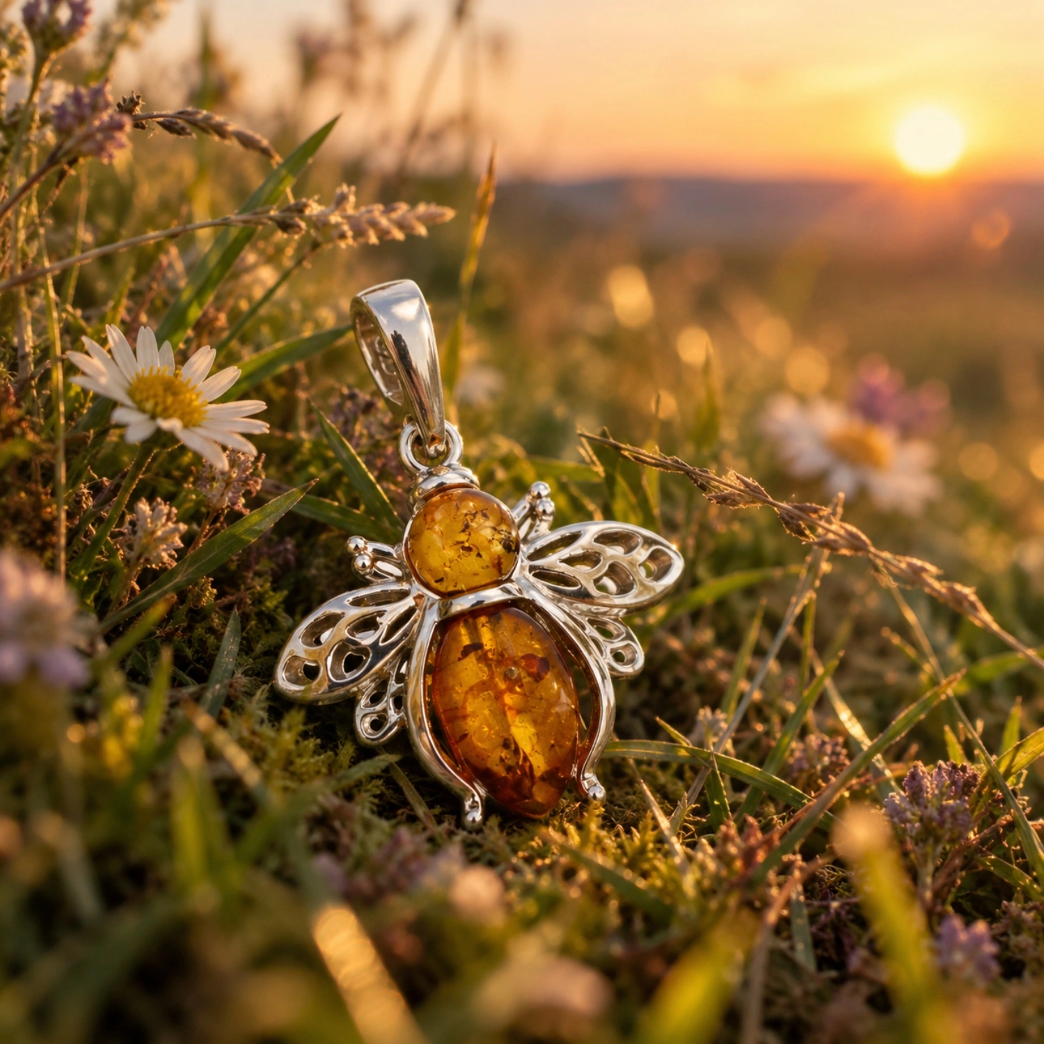 anhaenger-silber-925-biene-wiese Anhänger Silber 925 Bernstein Biene Cognac rhodiniert; Anhänger Biene mit silbernen Flügeln; Schmuck mit Ostseebernstein