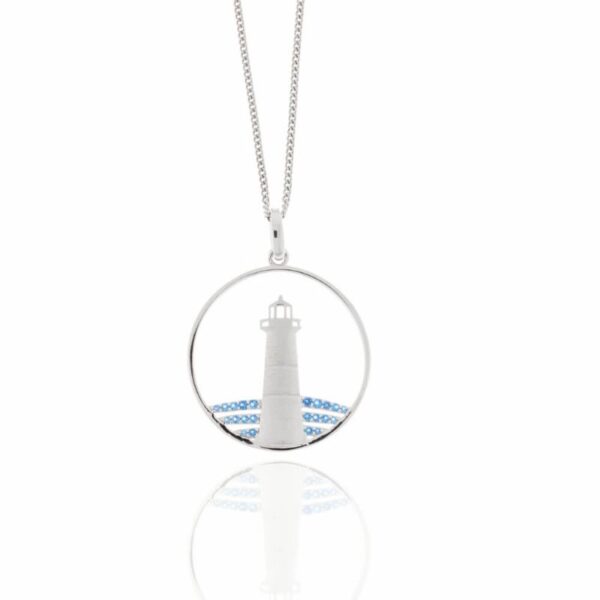 Anhänger aus rhodiniertem Silber mit Leuchtturm-Motiv und blauen Zirkonia, Ø 28 mm